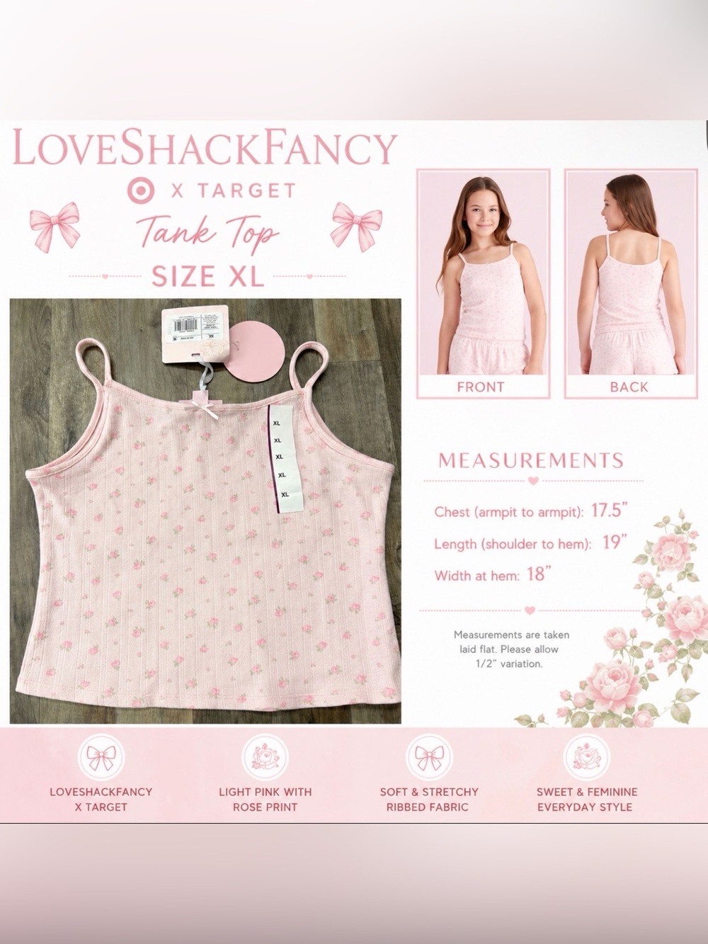 LoveShackFancy x Target Girls Floral Tank Top Size XL NWT Pink Rose Print